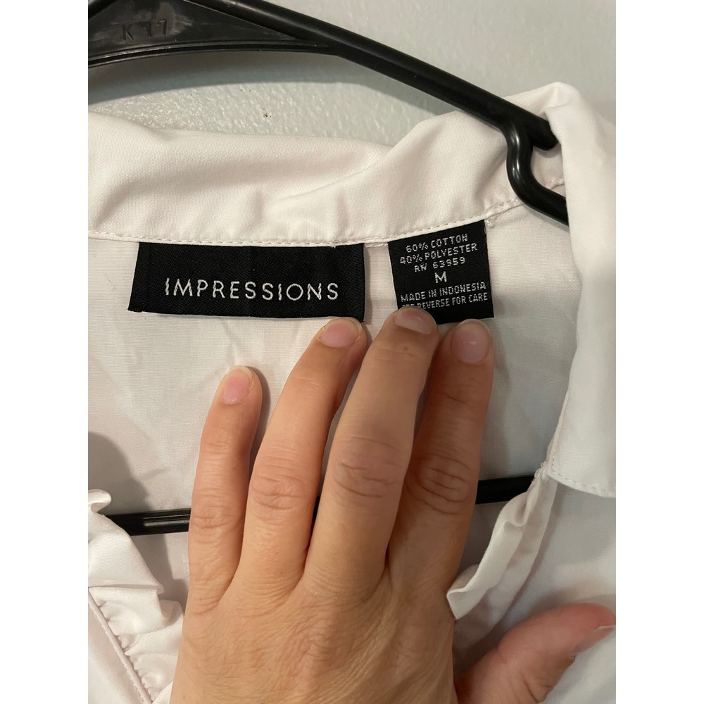 Impressions White Ruffle Trim Button Down Blouse Long Sleeve Office Top Medium - Picture 5 of 6